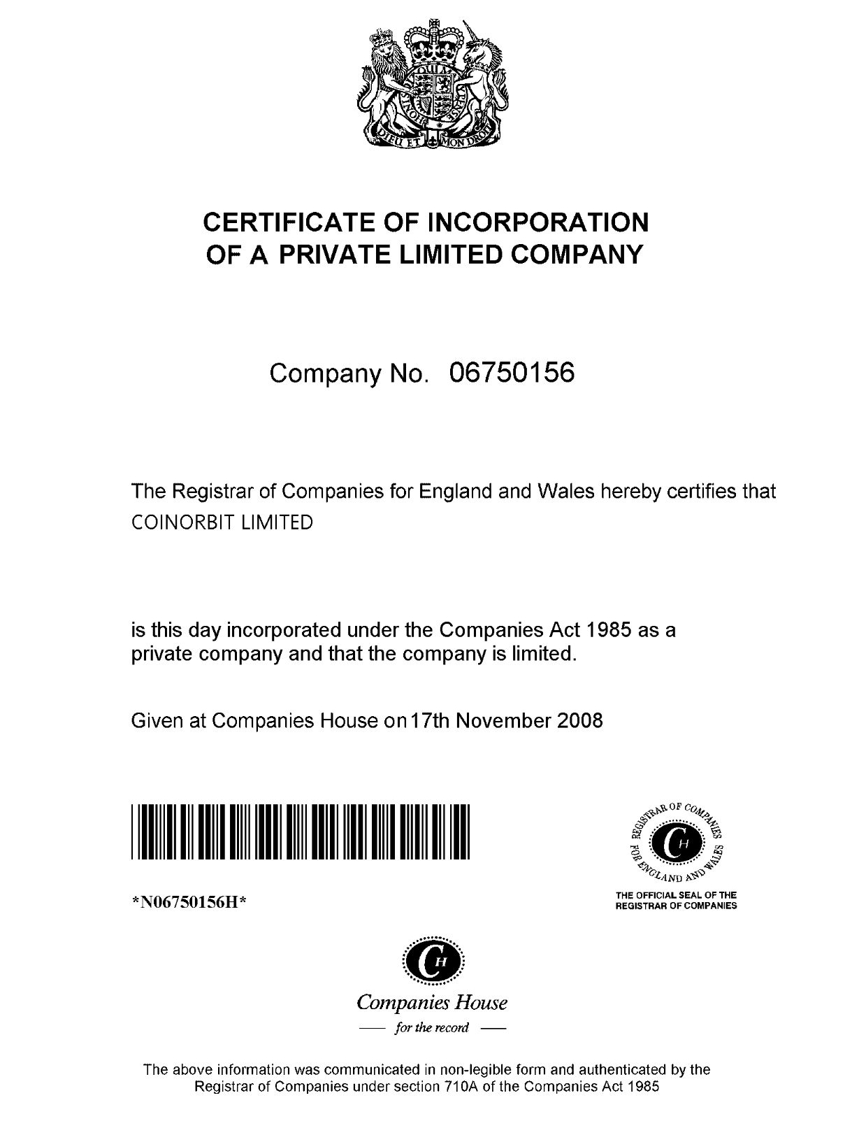 CoinOrbit Company Registration Certificate